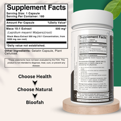 Bloofah Black Maca Capsules 500mg | Natural Black Maca (Lepidium meyenii Walpers) Root Extract 10:1 Powder | 100% Natural Herbal Supplement | Non-GMO, Gluten Free