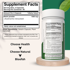 Bloofah Neem Leaf Powder Capsules 1000mg (Azadirachta Indica) Herbal Supplement for Natural Wellness, Non-GMO, Gluten-Free, 100% Pure Neem Leaf Powder For Overall Health