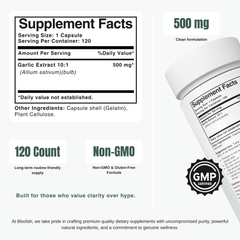 Bloofah GL Garlic Capsules 500mg | Allium sativum Bulb Extract | 120 Capsules