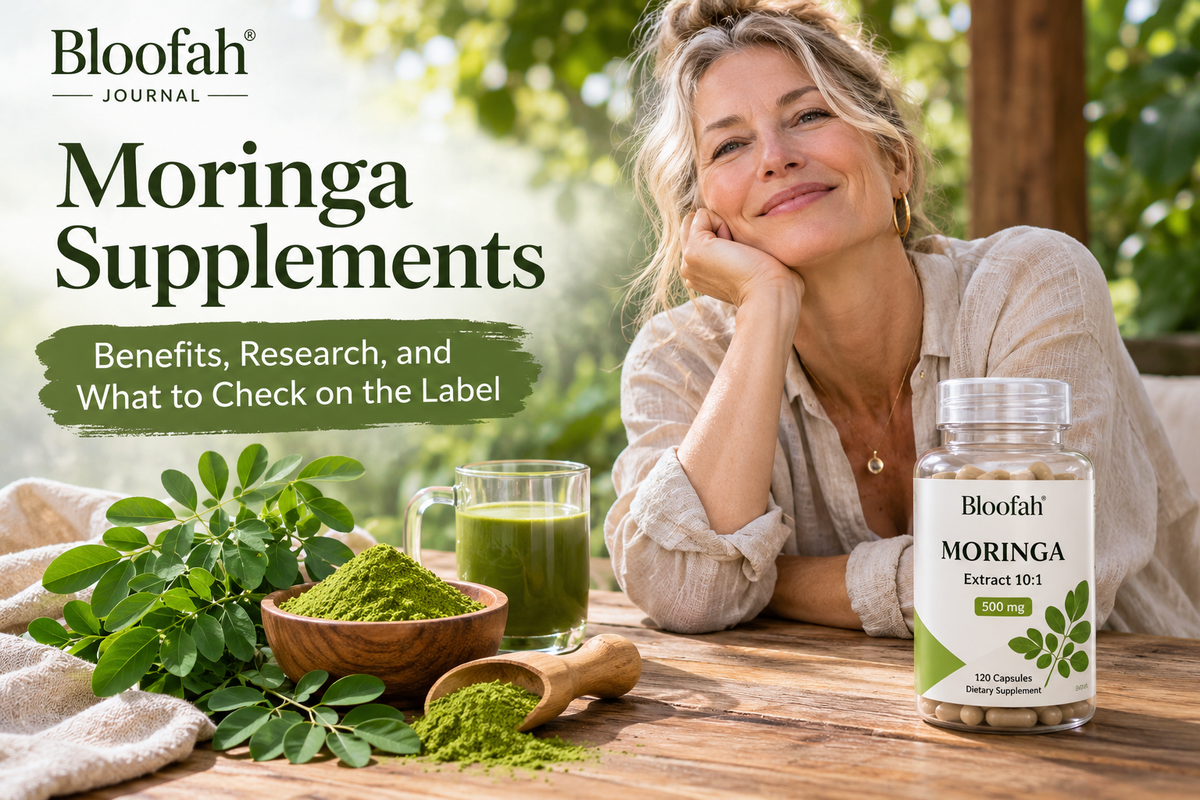 Bloofah Journal hero image for a moringa supplements guide, with moringa leaves and powder, a green drink, and a Bloofah moringa extract bottle.