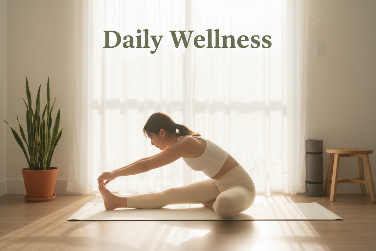 Woman stretching on yoga mat for daily wellness routine in sunlit room with plant