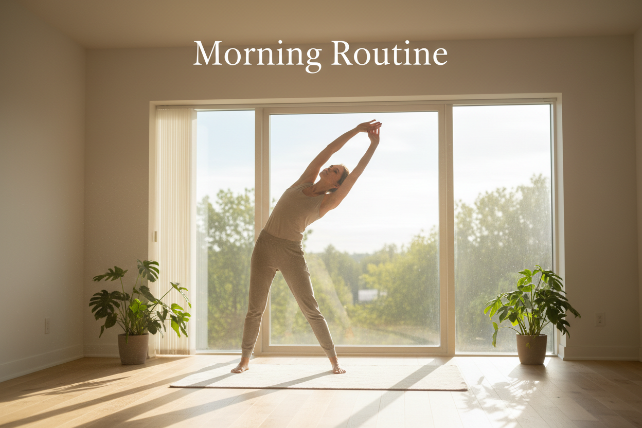 Woman stretching in morning routine by sunny window with plants, promoting wellness and balance