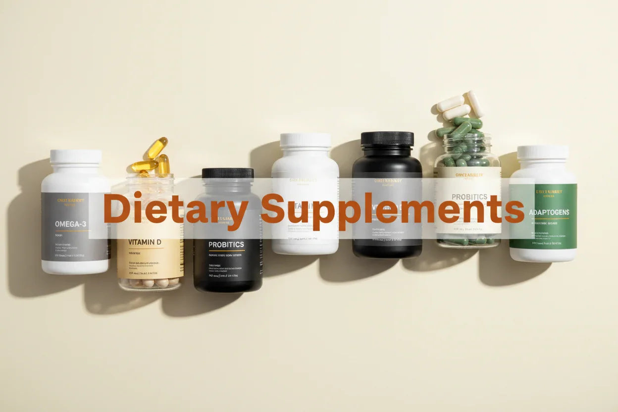 Dietary supplements lineup including Omega-3, Vitamin D, Probiotics, and Adaptogens in clean bottles