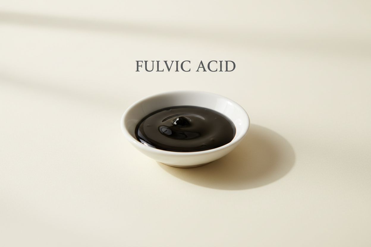 Fulvic acid supplement in white bowl, natural wellness ingredient for herbal health products