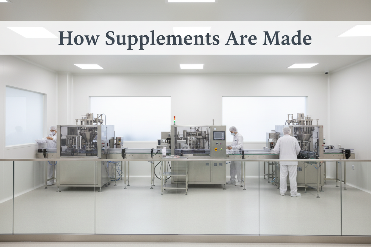Clean supplement manufacturing facility with workers in lab coats operating machinery for herbal wellness products