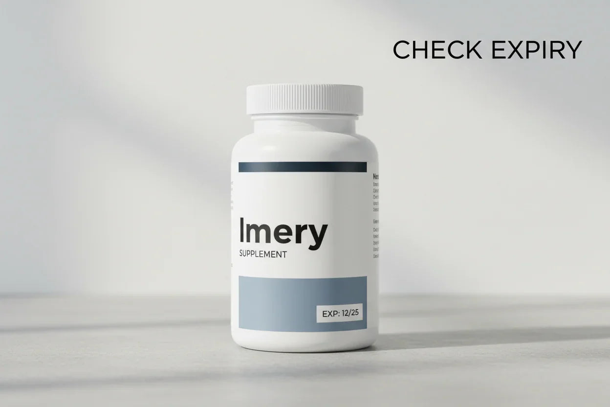 Imery supplement bottle with expiry date 12/25, clean label design for everyday wellness