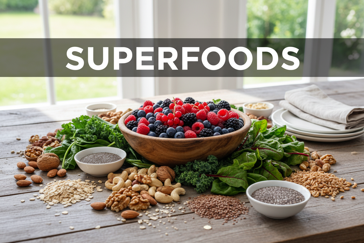Superfoods like berries, nuts, greens, and seeds arranged on a rustic table for healthy eating.