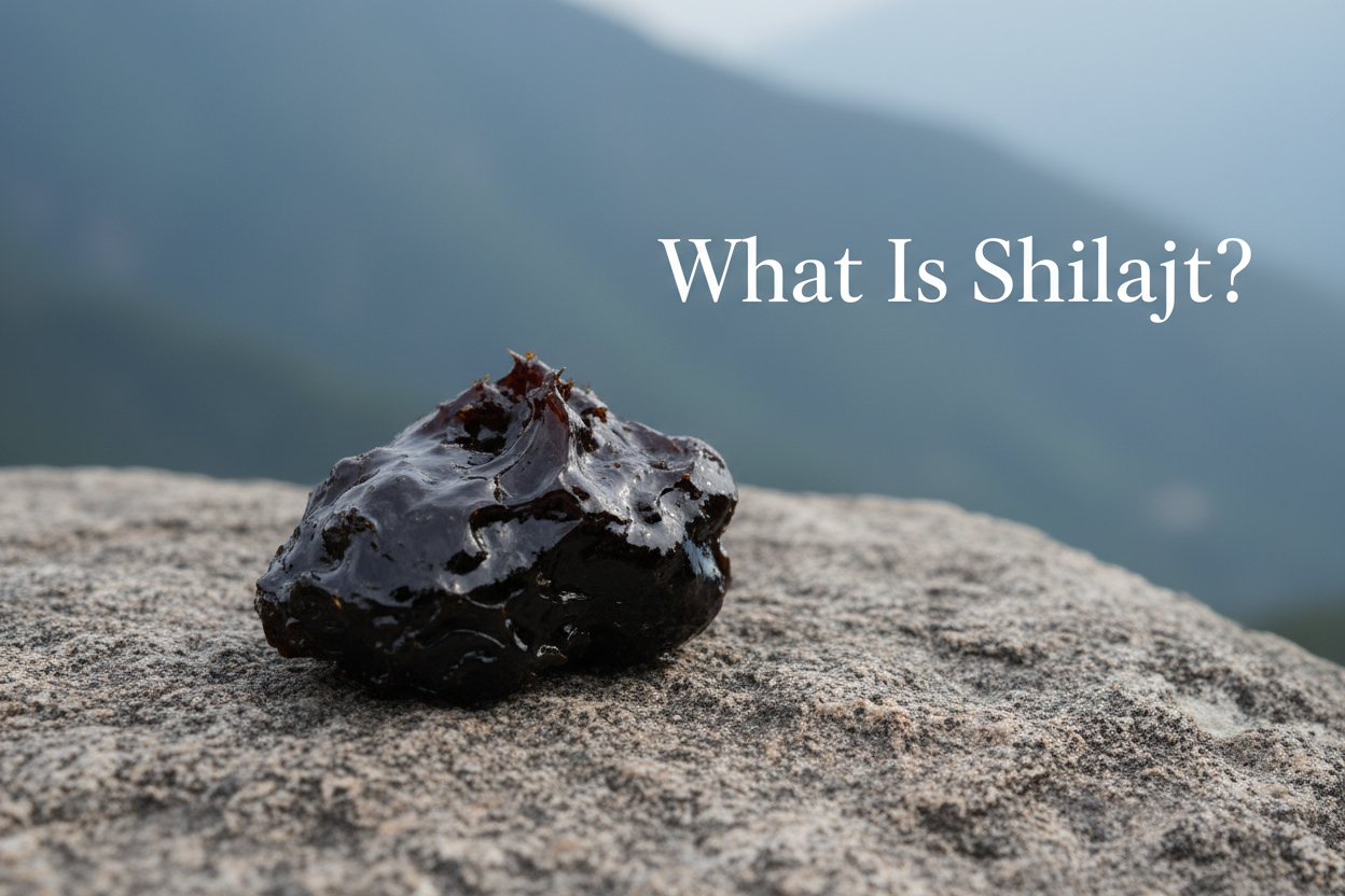 Dark, resinous Shilajit on stone with mountain backdrop, natural herbal supplement