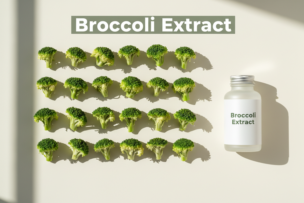 Broccoli Extract supplement bottle with fresh broccoli florets, clean herbal wellness product