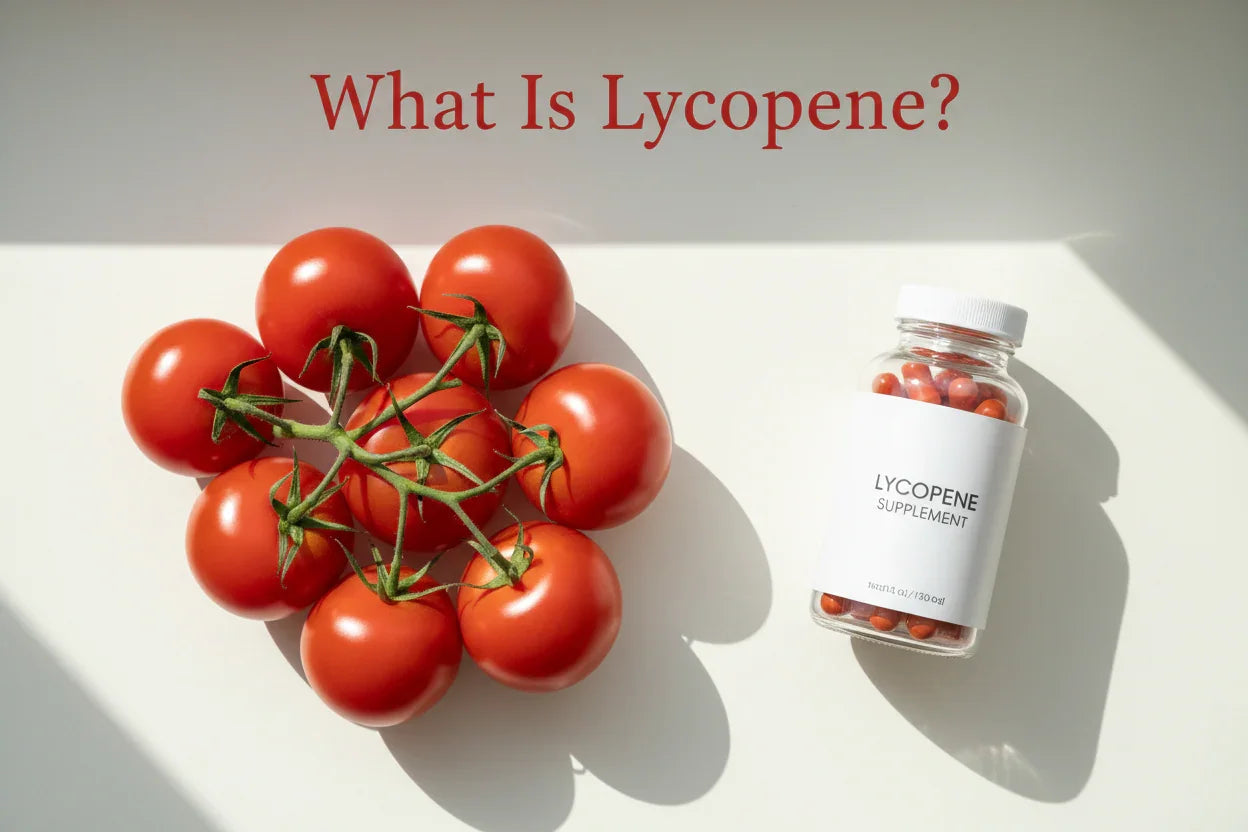 Lycopene supplement bottle beside fresh tomatoes, highlighting natural herbal wellness ingredients