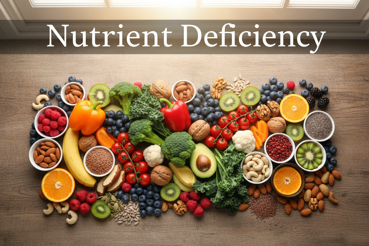 Nutrient deficiency solutions with fresh fruits, veggies, nuts, and seeds for balanced wellness