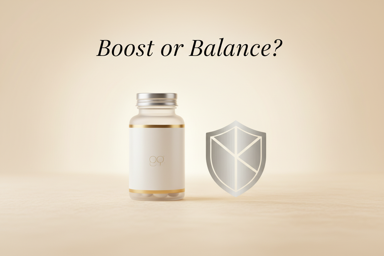 Herbal supplement bottle with shield icon, asking Boost or Balance? for everyday wellness.