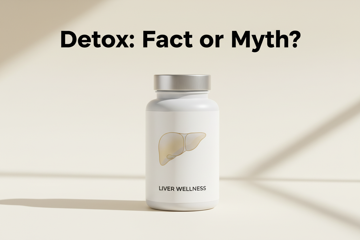 Liver wellness supplement bottle with detox fact or myth text, clean herbal formula for everyday health