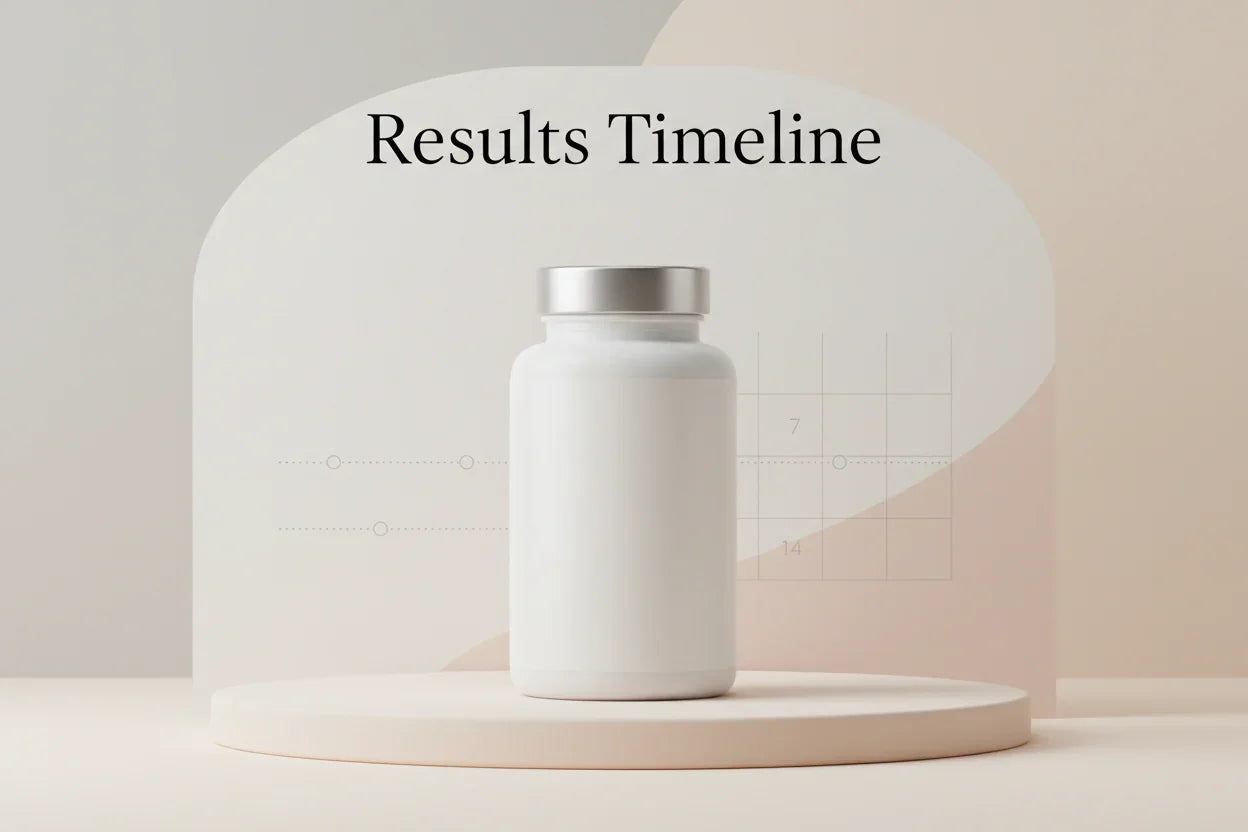 White supplement bottle on pedestal with results timeline graphic, showcasing herbal wellness progress