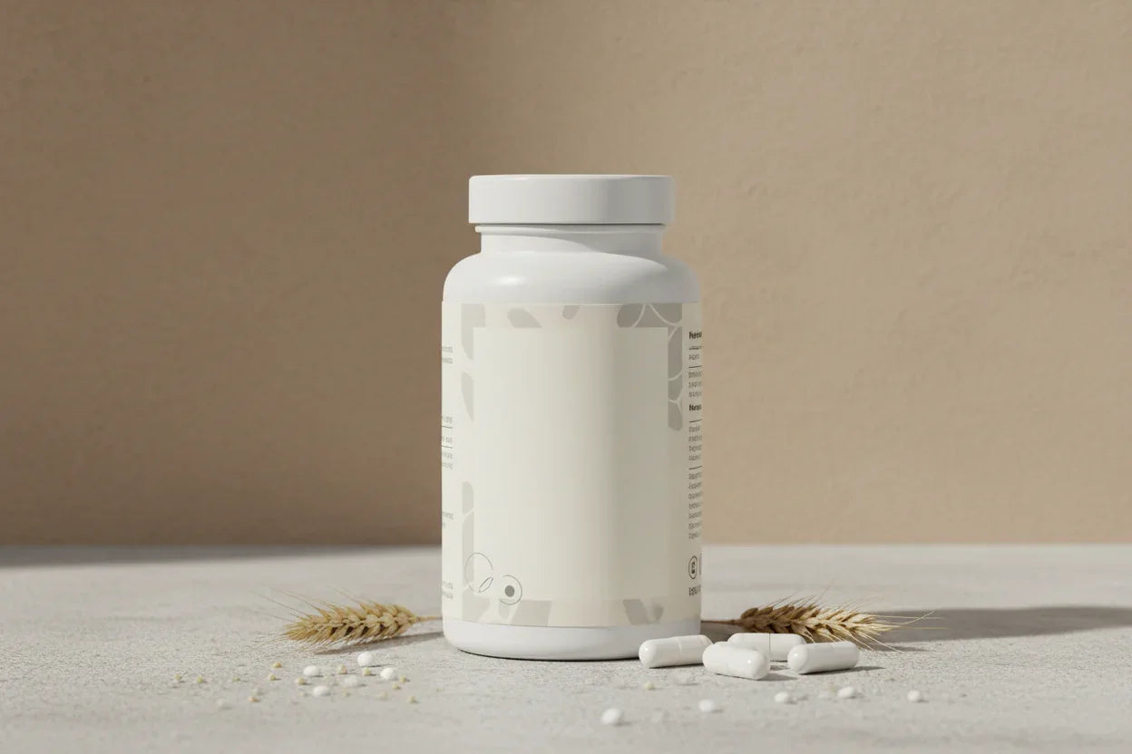 White supplement bottle with herbal capsules and wheat stalks, clean wellness product