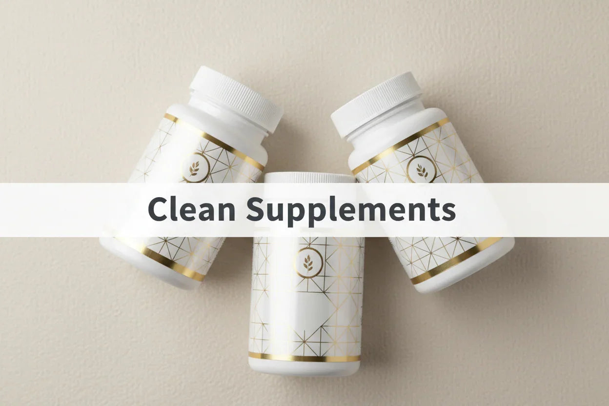 Clean herbal supplements in white bottles with gold geometric labels for everyday wellness