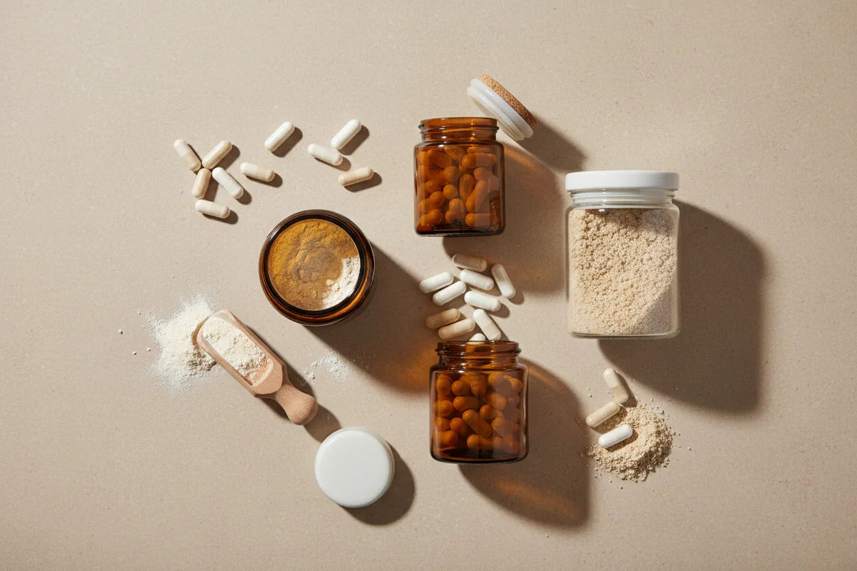 Herbal supplements in amber jars with capsules and powder, clean wellness ingredients