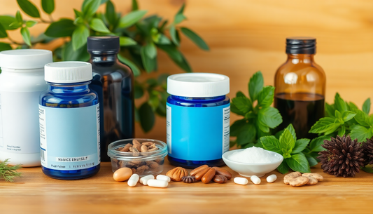 Variety of herbal prostate supplements showcasing their benefits on a wooden surface with natural elements