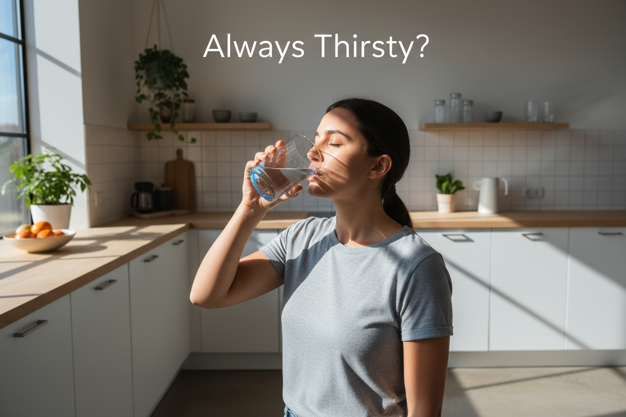 Woman drinking water in bright kitchen, staying hydrated for everyday wellness