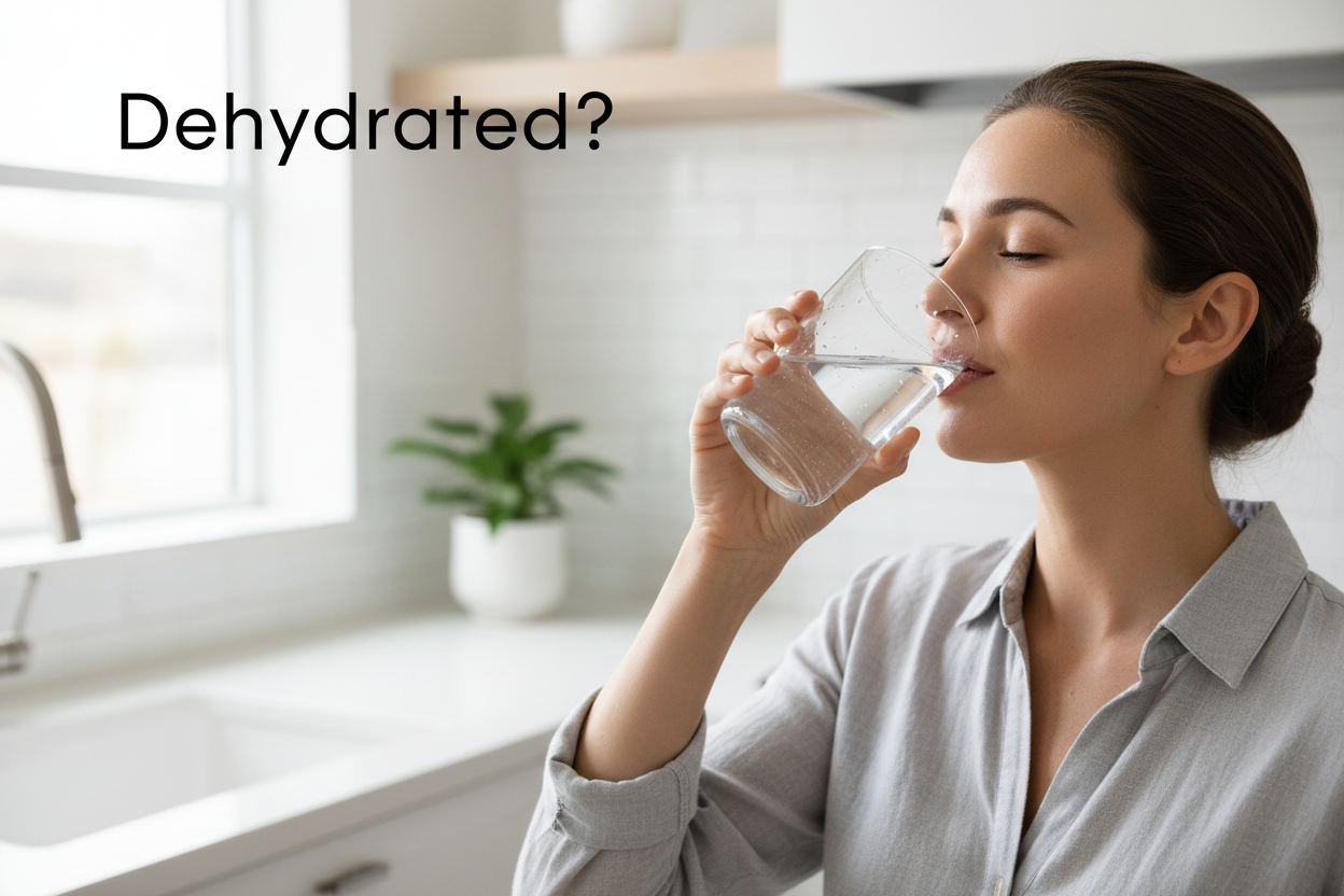 Woman drinking water in kitchen, staying hydrated for wellness