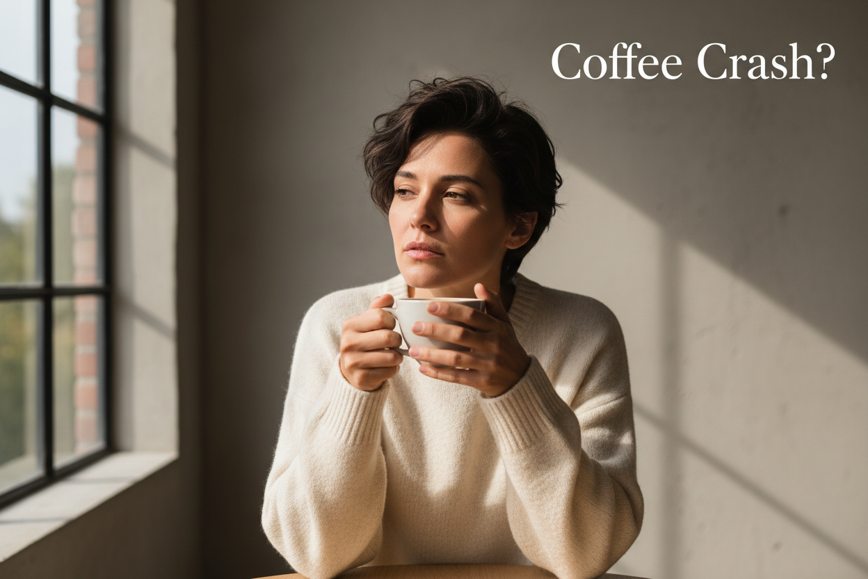 Woman holding coffee cup near window, looking thoughtful with 'Coffee Crash?' text