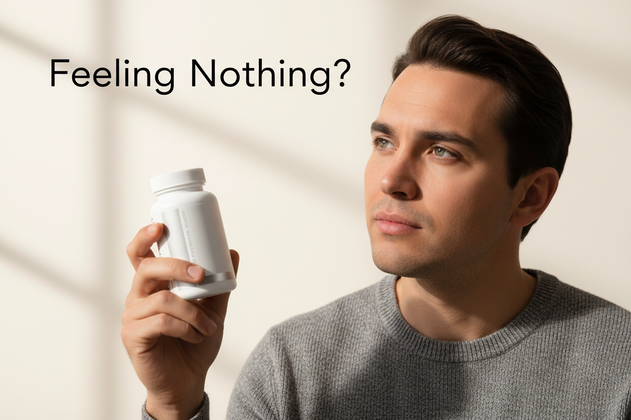 Man holding herbal supplement bottle, text 'Feeling Nothing?' — clean ingredients for everyday wellness