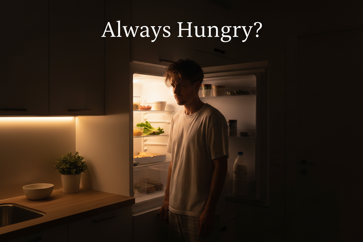 Man staring into fridge at night, wondering why always hungry — natural appetite support solutions