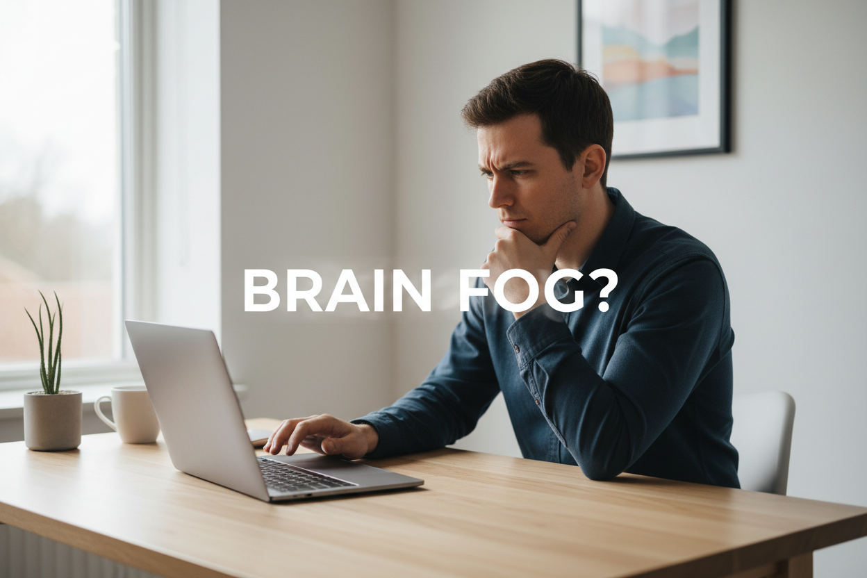 Man at desk looking confused with laptop, text 'BRAIN FOG?' — herbal supplements for mental clarity