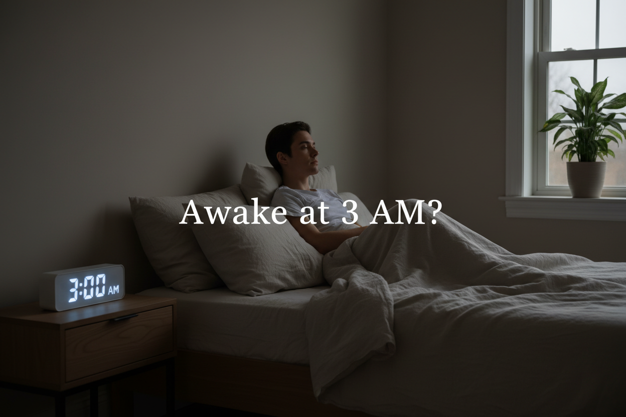Man awake at 3 AM in bed, digital clock glowing, seeking better sleep support