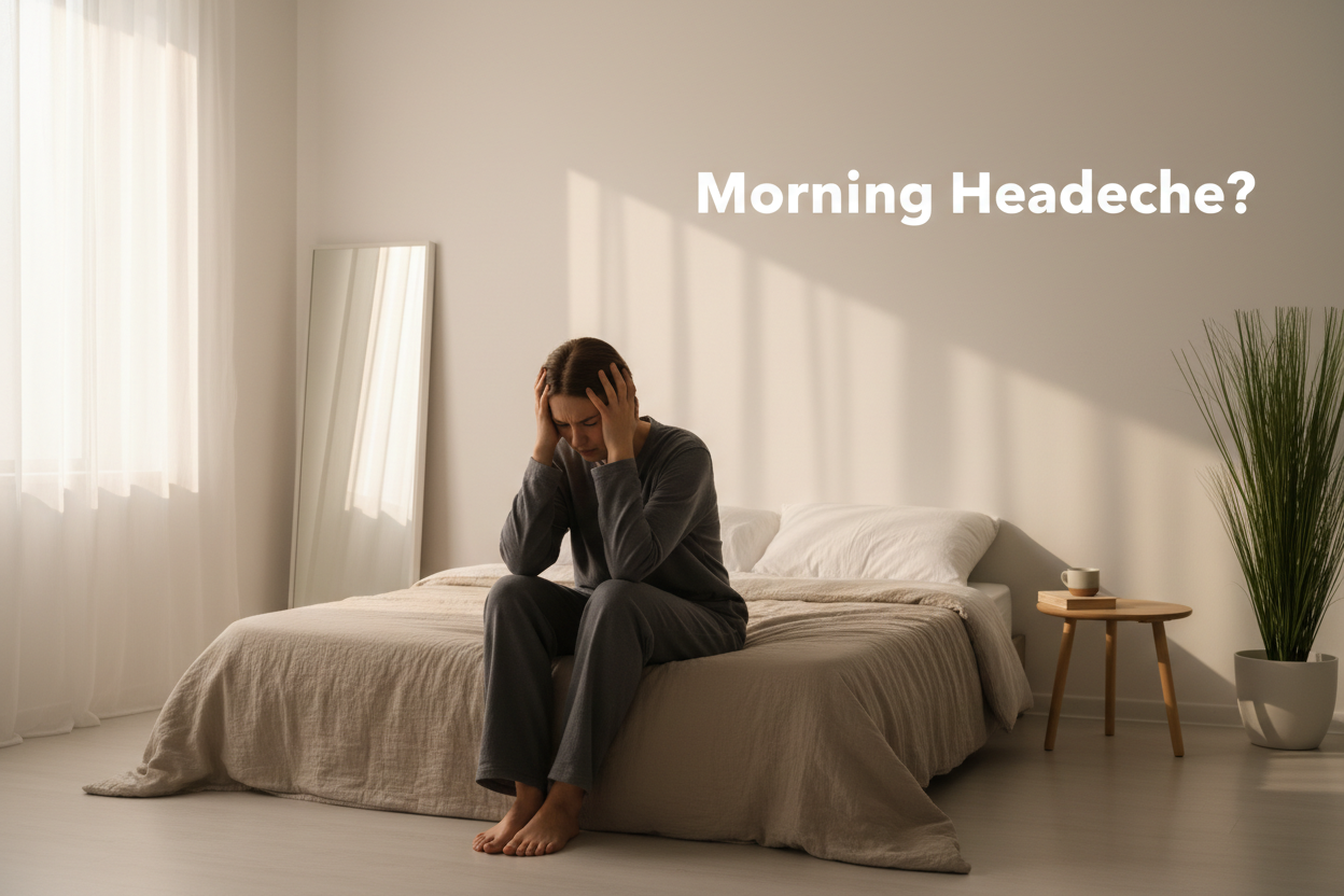 Woman with morning headache sitting on bed, seeking herbal wellness relief