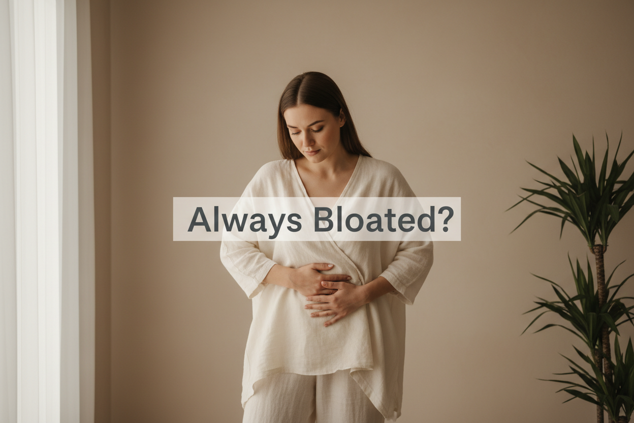 Woman holding stomach with text 'Always Bloated?' — herbal supplement for digestive wellness