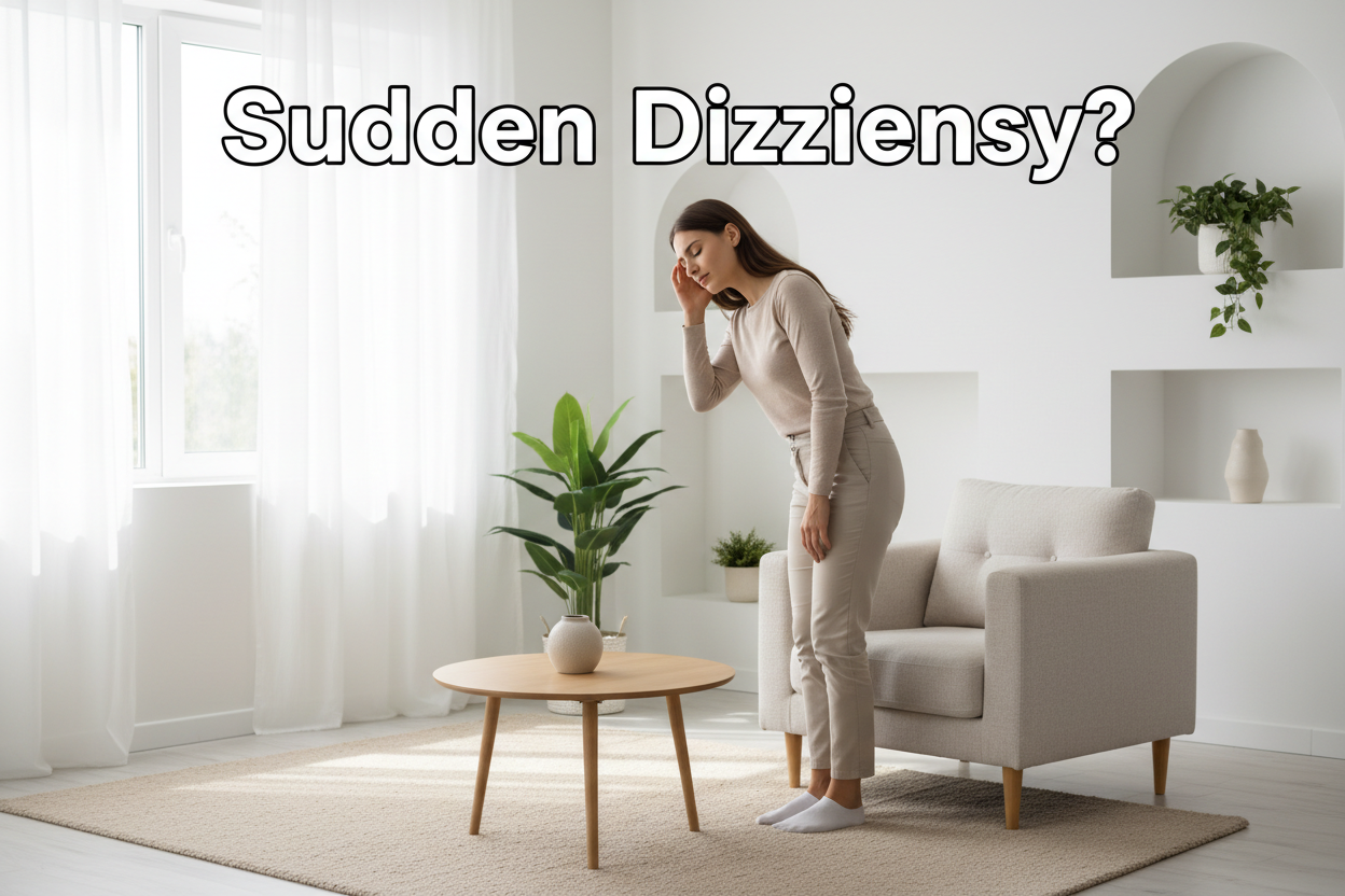 Woman feeling sudden dizziness at home, seeking wellness relief with herbal supplements