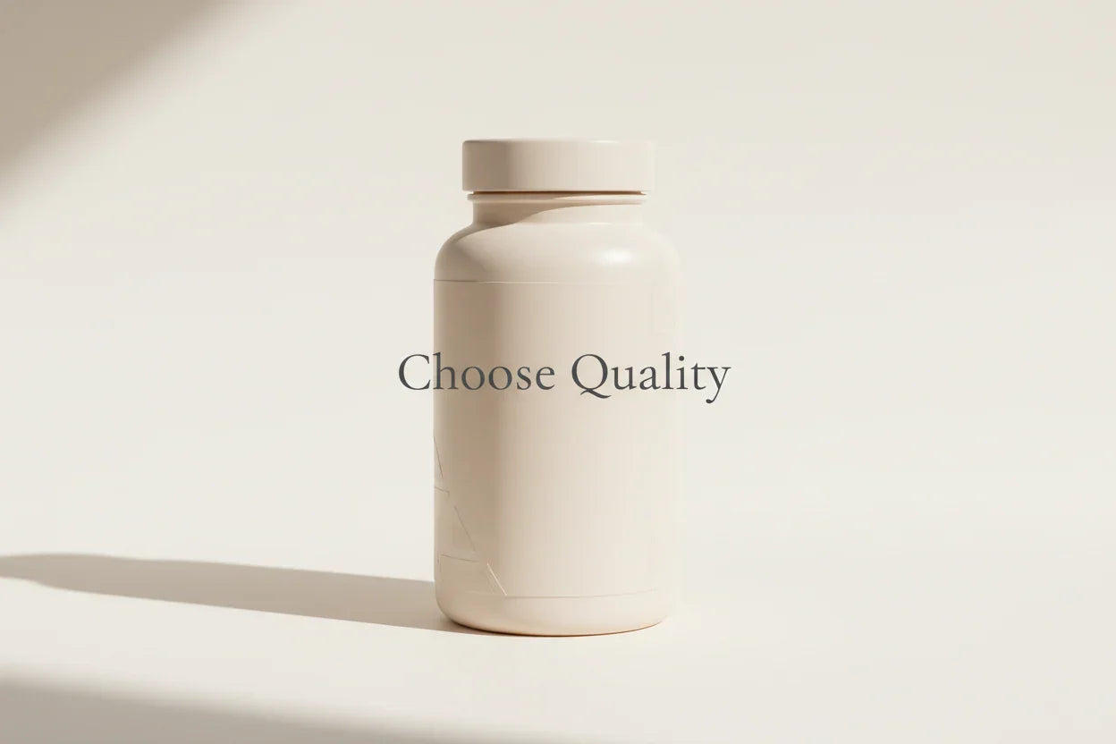 Cream supplement bottle with 'Choose Quality' text, minimalist wellness product design