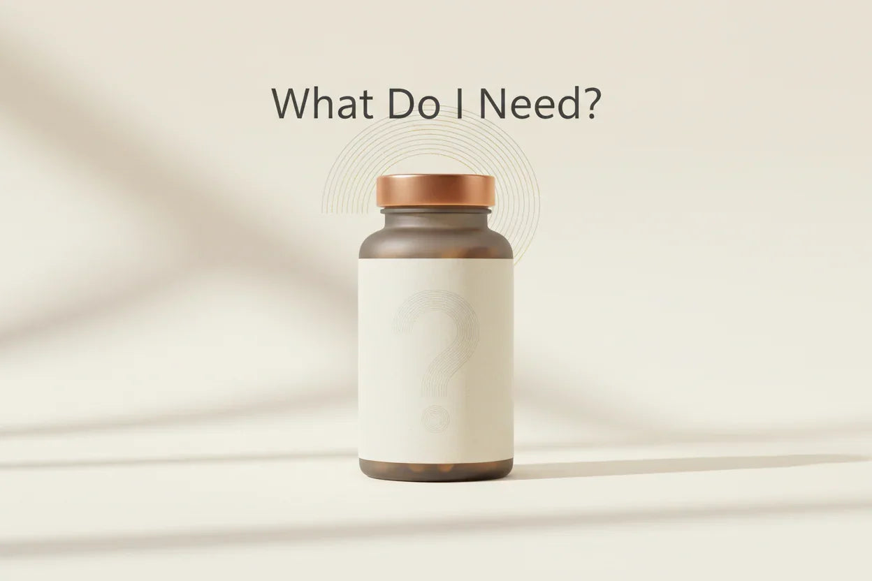 Herbal supplement bottle with question mark label, clean design for everyday wellness