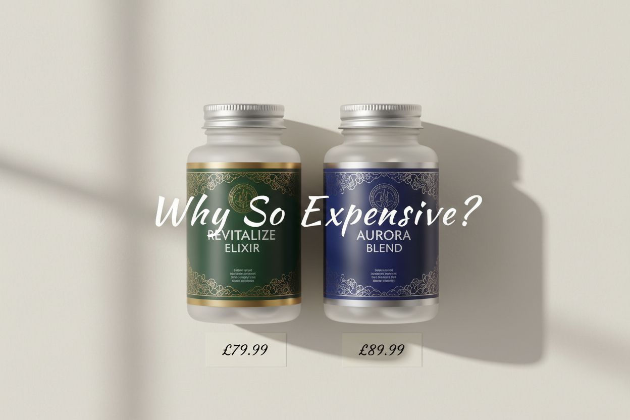 Revitalize Elixir and Aurora Blend herbal supplements with elegant labels and pricing details