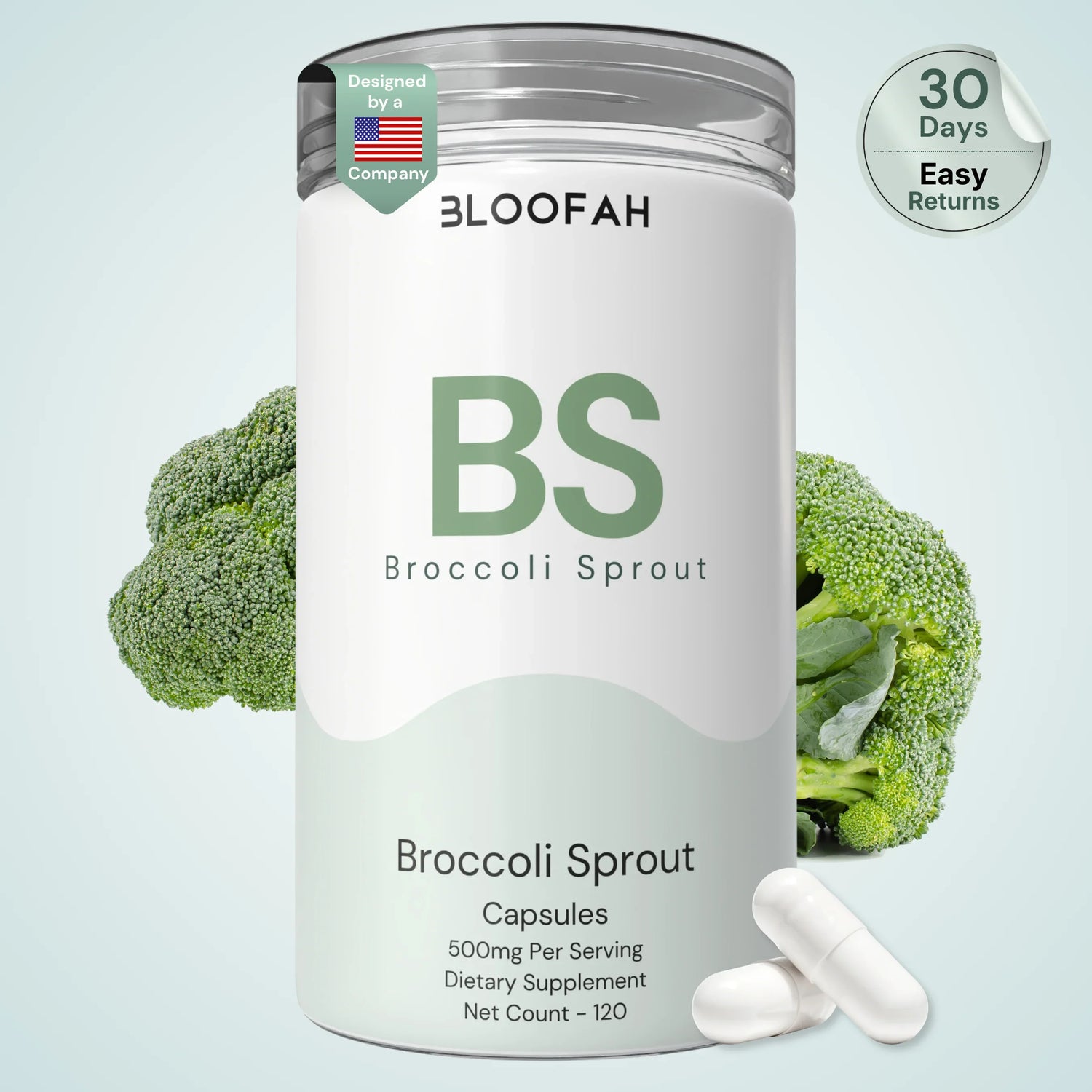 Bloofah BS Broccoli Sprout Capsules 500mg | Sulforaphane-Rich Brassica Extract | 120 Capsules