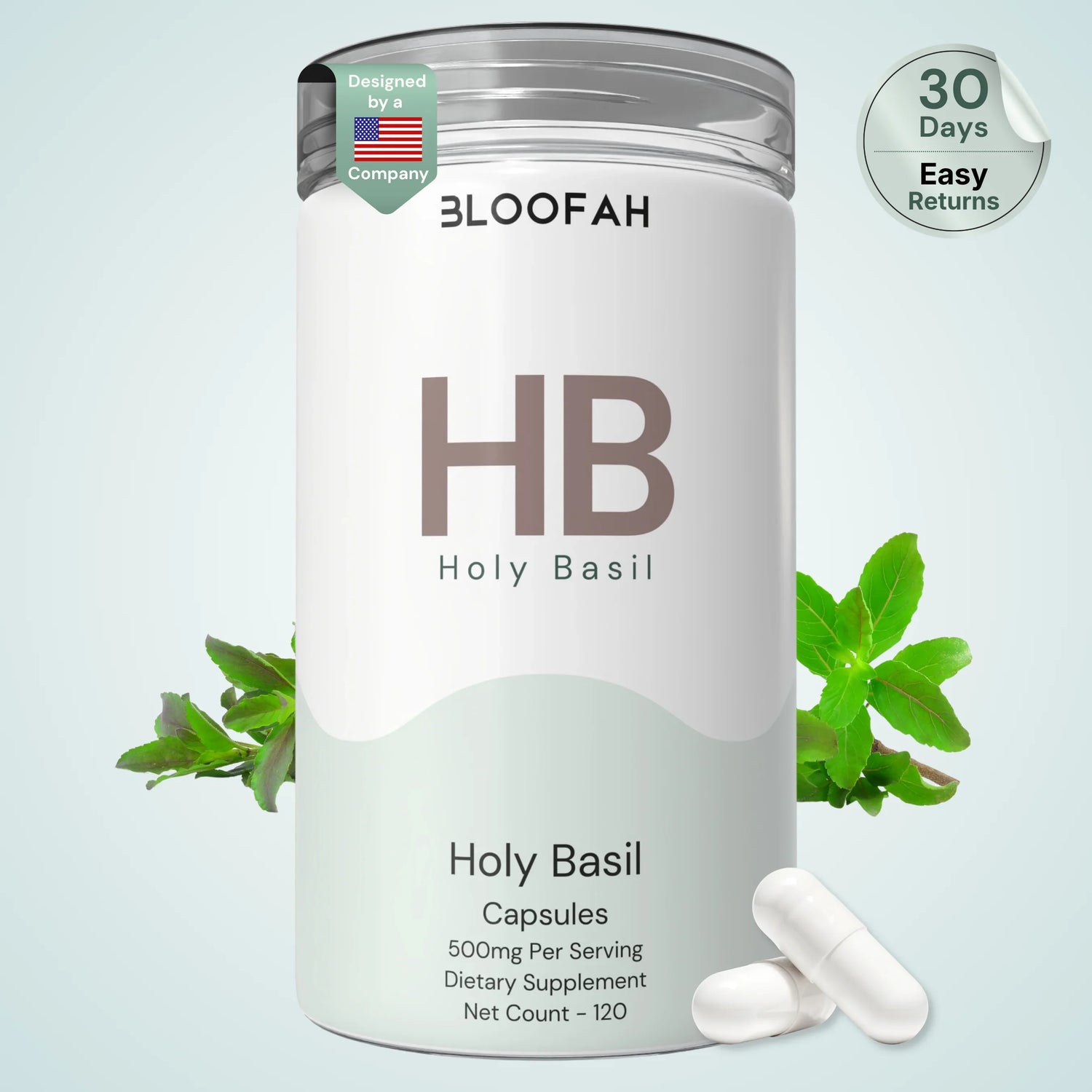 Bloofah HB Holy Basil Capsules 500mg | Ocimum tenuiflorum (Tulsi) Extract | 120 Capsules