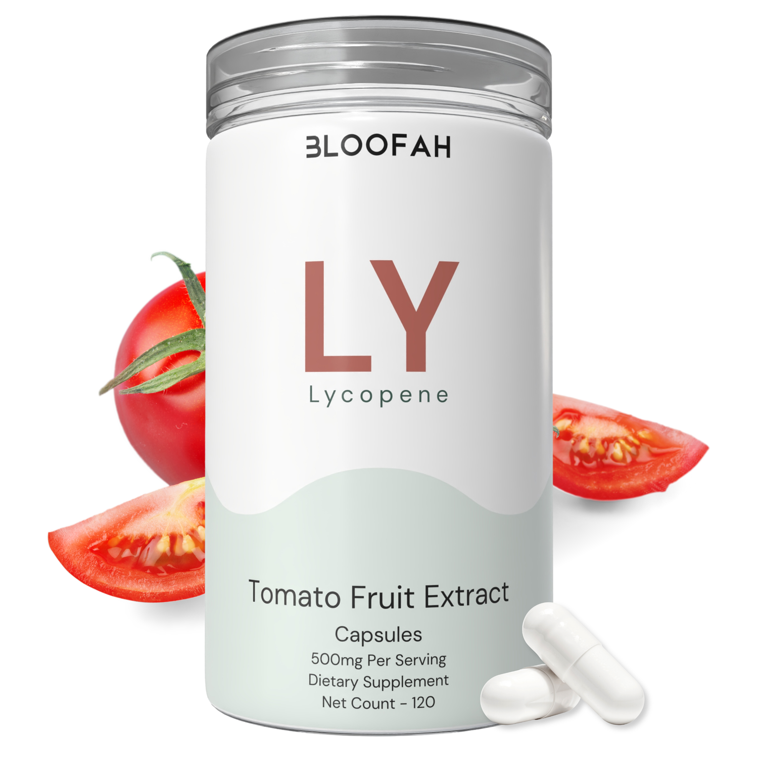 A white cylindrical bottle of Bloofah Lycopene Tomato Fruit Extract dietary supplement capsules, shown with whole and sliced red tomatoes and two white capsules on a clean white background.
