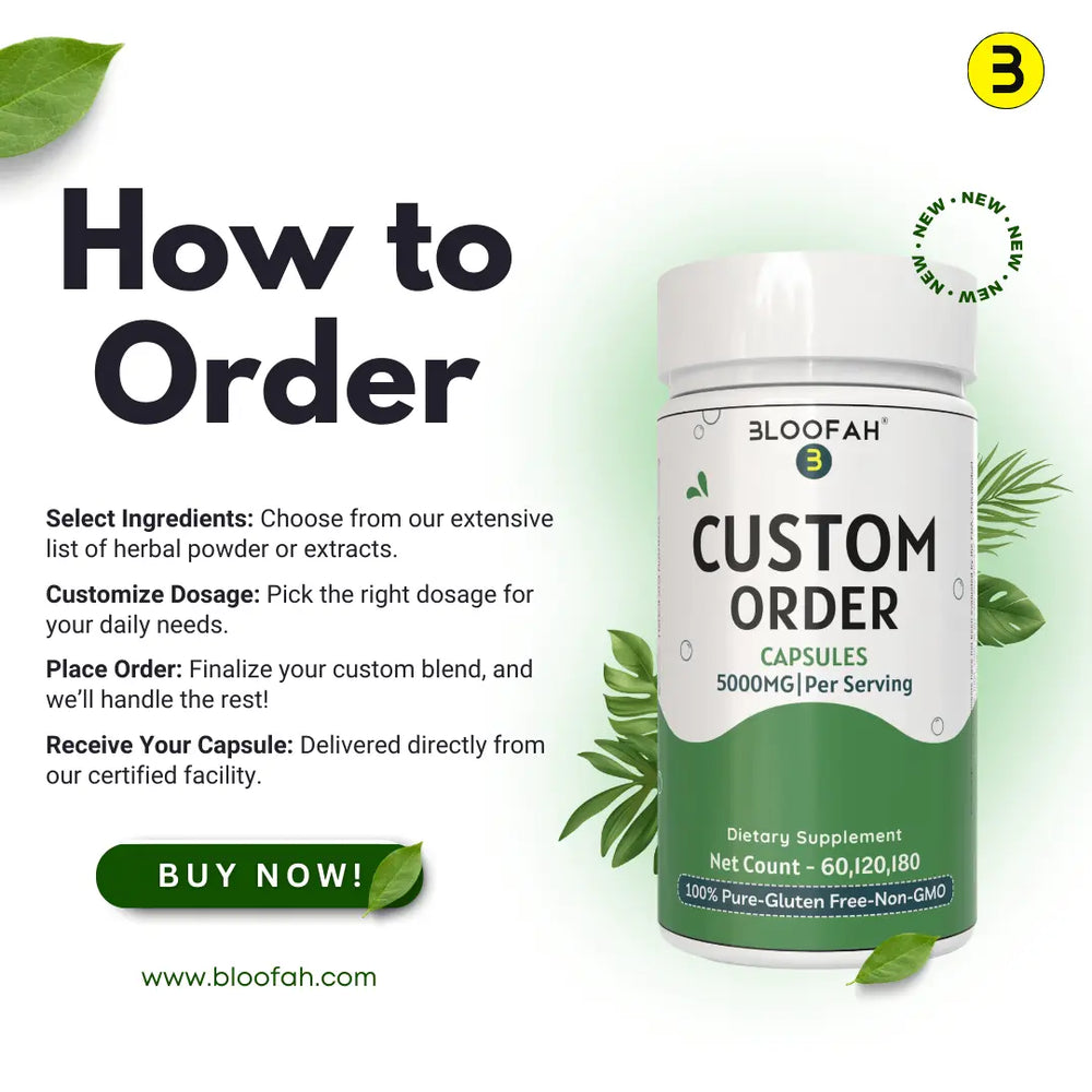 Bloofah Custom Capsule Order - Personalized Supplement, Choose Your Ingredients, Dosage & Capsule Count, Tailored to Your Health Needs, Natural & High-Quality Custom Capsules - Bloofah