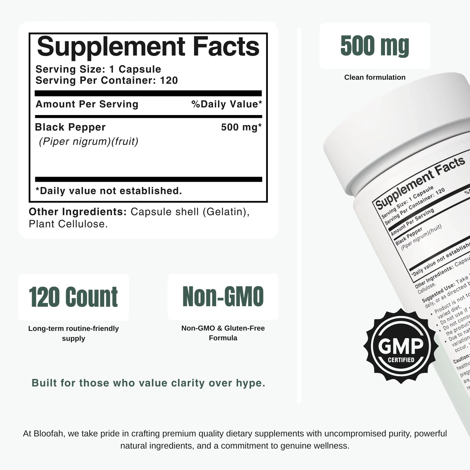 Bloofah BP Black Pepper Capsules 500mg | Piper nigrum Fruit | 120 Capsules