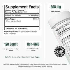 Bloofah BP Black Pepper Capsules 500mg | Piper nigrum Fruit | 120 Capsules