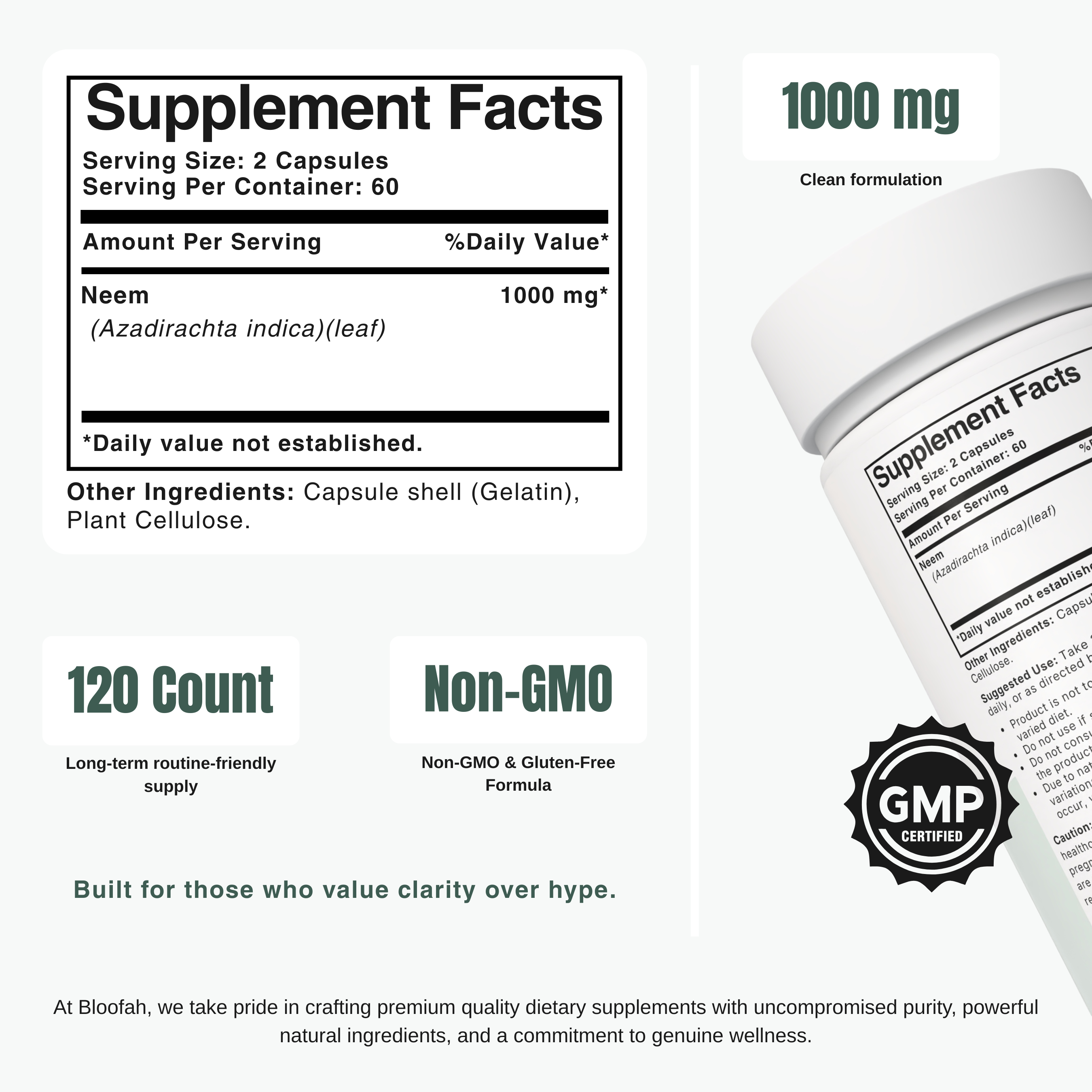 Bloofah NL Neem Capsules 1000mg | Azadirachta indica Leaf | 120 Capsules