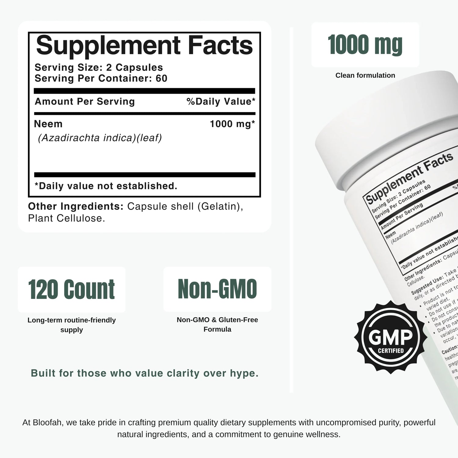 Bloofah NL Neem Capsules 1000mg | Azadirachta indica Leaf | 120 Capsules