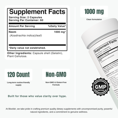 Bloofah NL Neem Capsules 1000mg | Azadirachta indica Leaf | 120 Capsules
