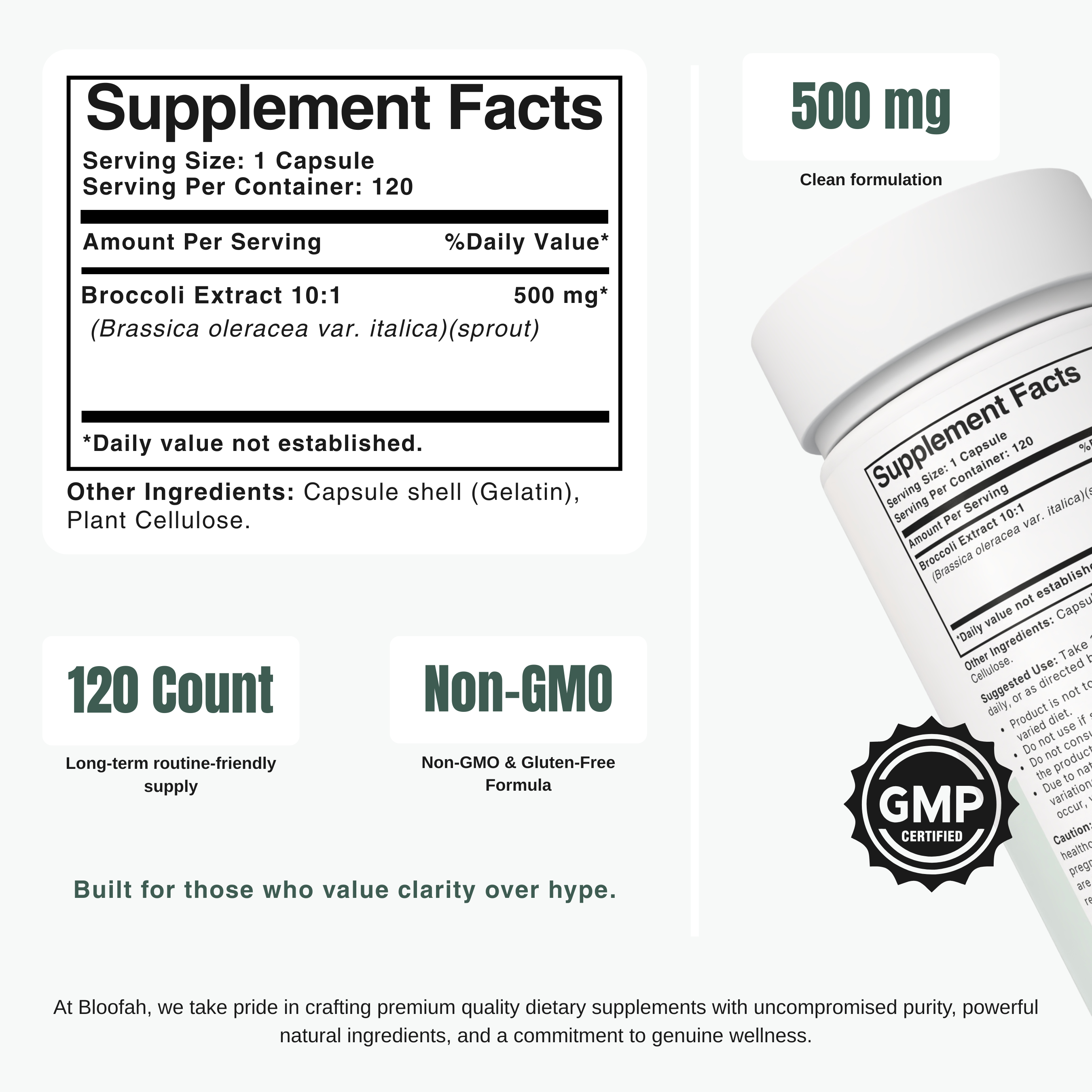 Bloofah BS Broccoli Sprout Capsules 500mg | Sulforaphane-Rich Brassica Extract | 120 Capsules