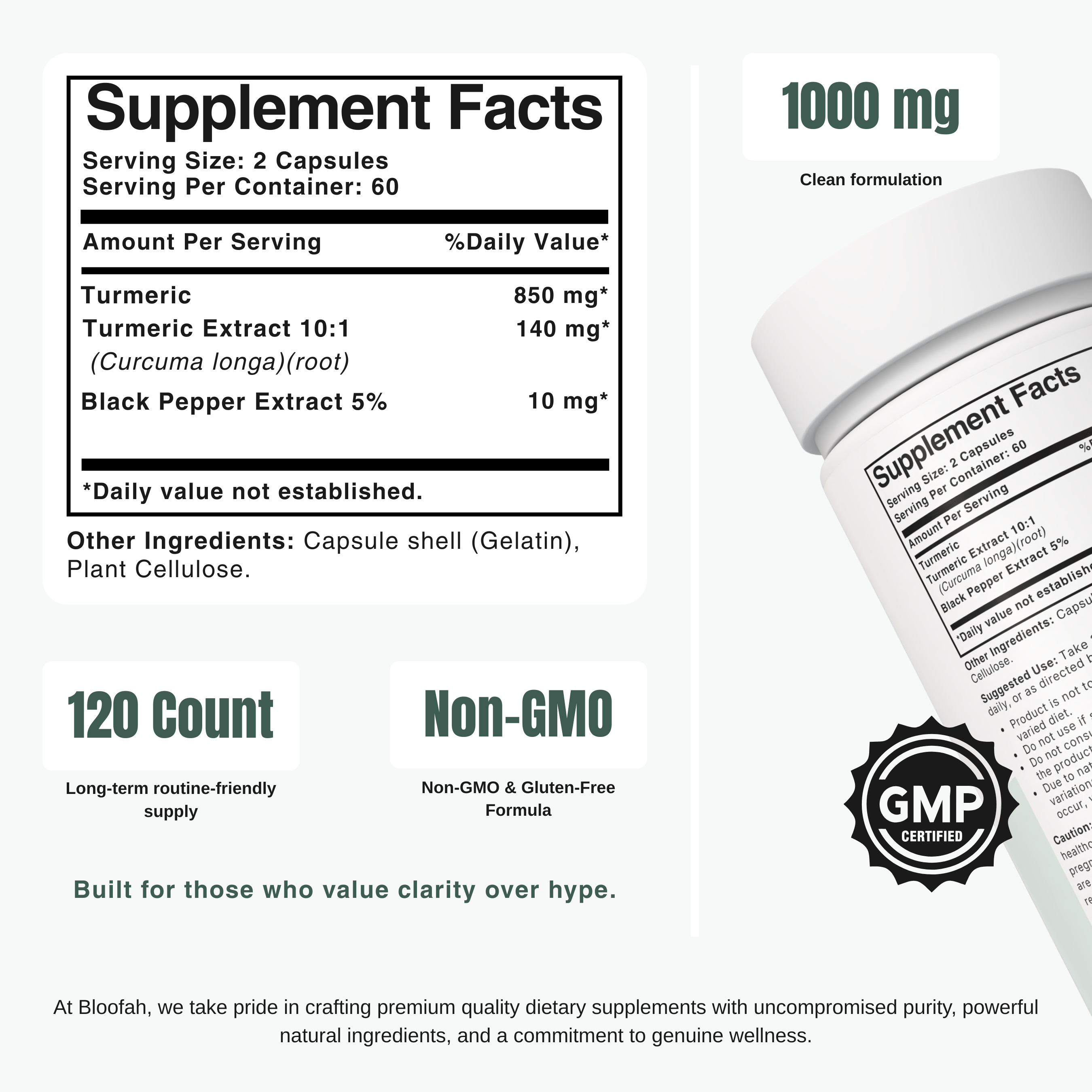 Bloofah TC Turmeric Capsules 1000mg | Curcuma longa Root with Black Pepper | 120 Capsules