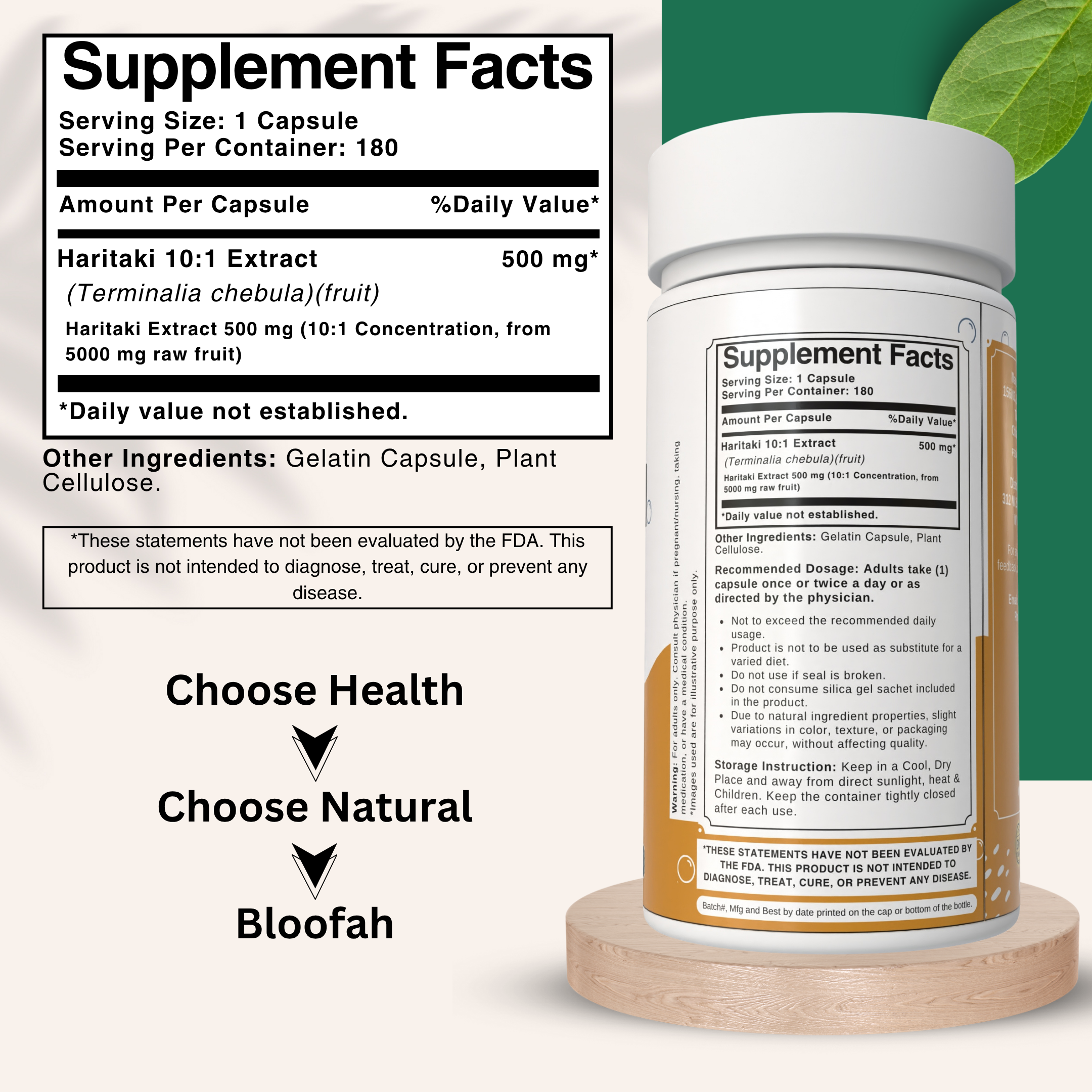 Bloofah Haritaki Capsules 500mg | Natural Digestive Health Supplement | 100% Pure Haritaki (Terminalia chebula) Fruit Extract 10:1 Powder | Non-GMO, Gluten Free Formula Herbal Supplement
