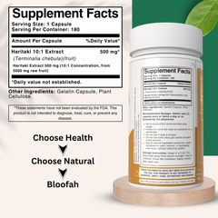 Bloofah Haritaki Capsules 500mg | Natural Digestive Health Supplement | 100% Pure Haritaki (Terminalia chebula) Fruit Extract 10:1 Powder | Non-GMO, Gluten Free Formula Herbal Supplement