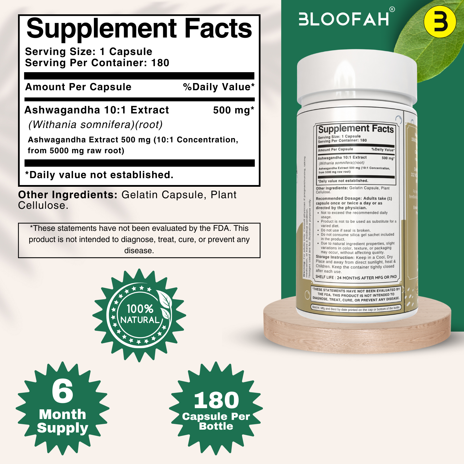 Bloofah Ashwagandha Capsules 500mg - (Withania somnifera) 10:1 Extract Powder, 100% Natural & Pure, Non-GMO, Gluten-Free, Extra Strength Herbal Suppleemnt for Men & Women
