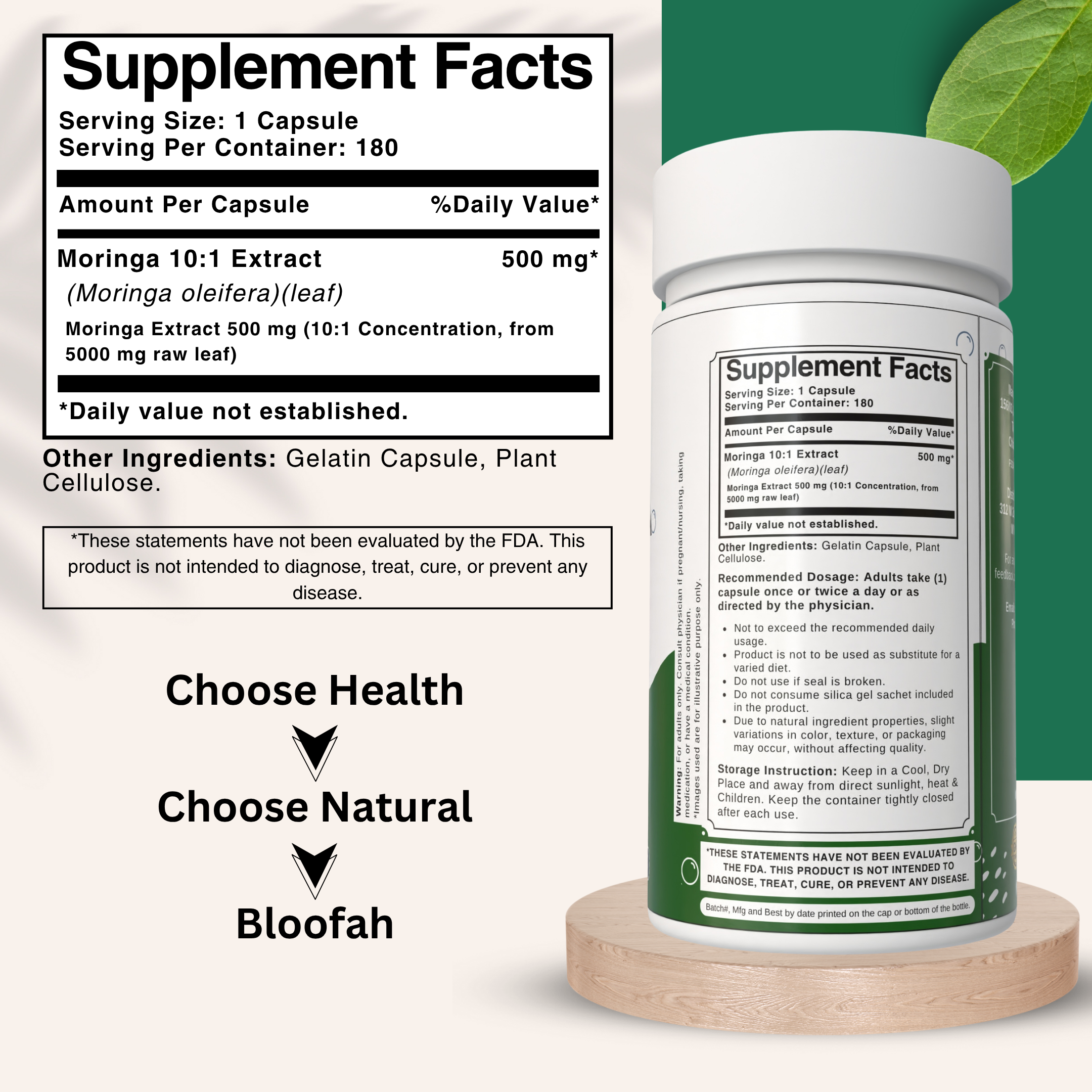 Bloofah Moringa Capsules 500mg | Natural Superfood Supplement for Vitality | 100% Pure Moringa Oleifera Leaf Extract 10:1 Powder | Nutrient-Rich Vegetarian Green Superfood